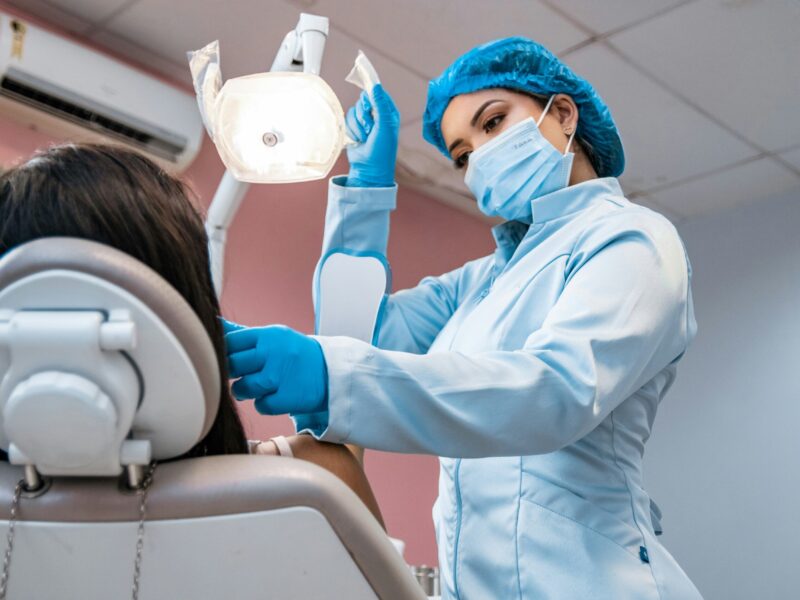 dentist holding the light to check patient's mouth